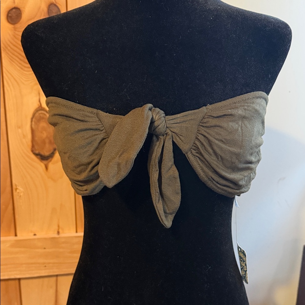 Free People Olive Green Tie-Front Strapless Crop Top